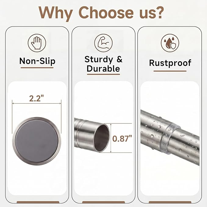 BRIOFOX Brushed Nickel Tension Curtain Rod 24 to 94 Inch(2-7.8ft) - Stainless Steel Spring Tension Shower Curtain Rod, No Drilling Tension Rod for Curtains or Windows