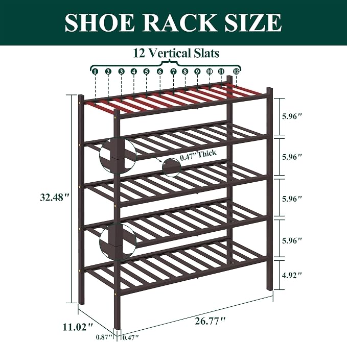 Smiry Bamboo Shoe Rack, 5 Tier Free Standing Wooden Shoe Organizer, Stackable Wood Shoe Storage Shelf for Closet, Entryway, 12 Vertical Slats, 2+2+1 Stack Standard Legs, 26.8"x11"x32.5", Brown