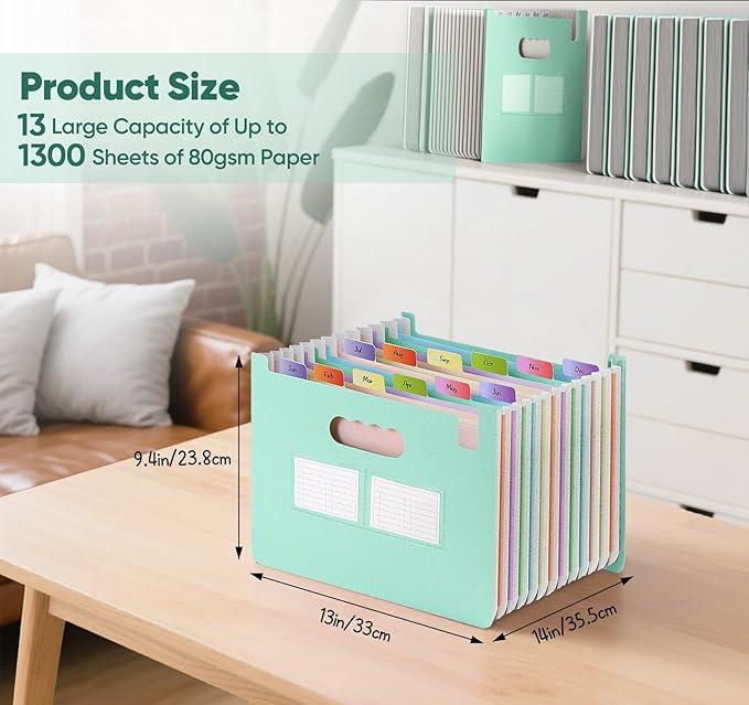 Agoer Accordion File Organizer with 13 Pockets, Wheat Straw Expanding File Folder with Lable Pocket,Upright Open Top,A4/Letter Size Paper Document Storage Organizer for School,Home and Office Supplies