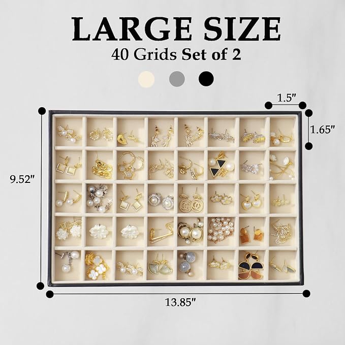 Large Jewelry Organizer Tray 2 Pack, Stackable Jewelry Storage Holder for Drawer Inserts, PU Leather Velvet Jewellery Display Case for Earring Bracelet Necklace Ring (Black Beige, 40 Grids)