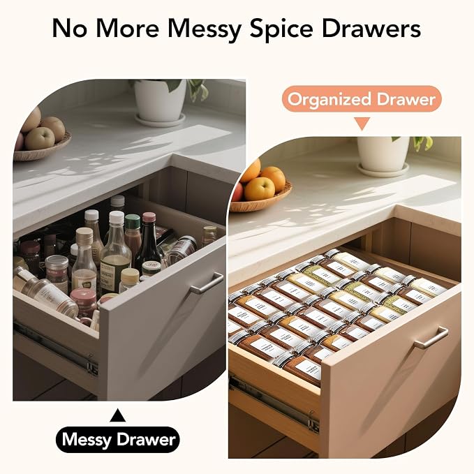 Adjustable 3-Tier Drawer Spice Organizer – Thick Plastic, Non-Slip, Fits 11"-22" Kitchen Drawers, Includes Labels & Funnel (No Jars)