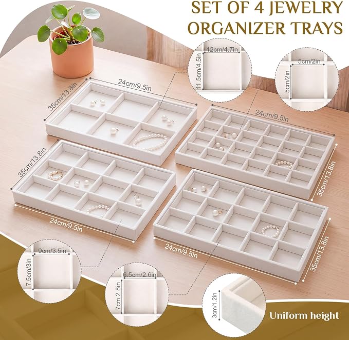 Unittype Set of 4 Stackable Jewelry Organizer Tray for Drawer Inserts Velvet Necklace Earring Bracelet Ring Holder Jewelry Display Storage Box for Bangle Stud Necklace Ring(6/12/15/24 Grid,Beige)