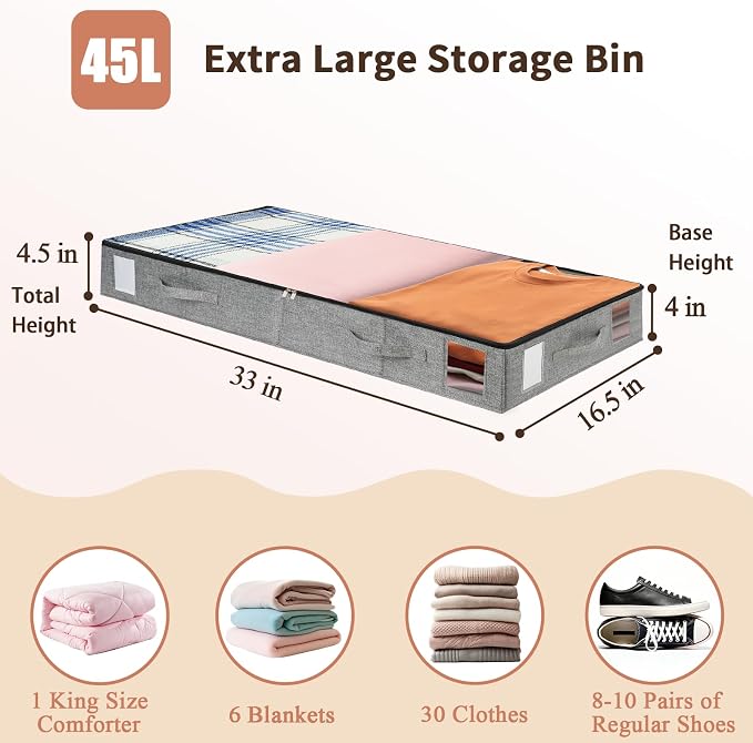 combocube 4 Pack Under Bed Storage Containers, 4.5" Low Profile Underbed Storage Bins with Sturdy Support, Stackable Space Saving Organizer with 4 Handles & Label Windows for Shoes Clothes Blankets