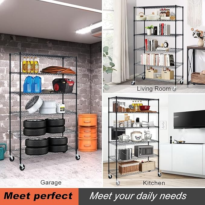 Meet perfect 6-Tier Wire Shelving Unit with Wheels, 72" H x 48" W x 18" D Heavy Duty Metal Shelf, 6000LBS Capacity Adjustable Utility Storage Rack for Garage Pantry Kitchen Warehouse