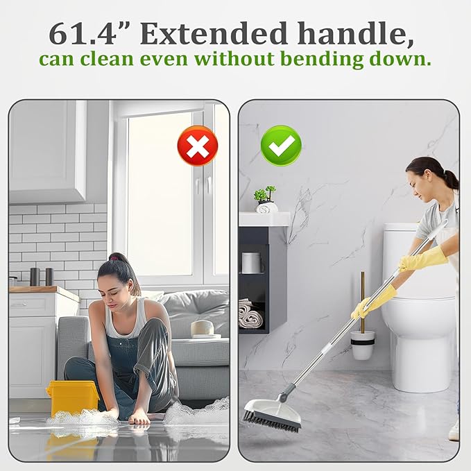 Grout Cleaner with Long Handle & Stiff Swivel Bristles - 2-in-1 Scrubber and Scraper, Tapered Design for Tile Floors, Baseboards, and Tight Spaces
