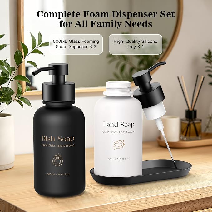 16.9 Oz Glass Foaming Soap Dispenser 2 Pack (Black+White) | Refillable Hand & Dish Soap Pump, With Silicone Tray & 8 Waterproof Labels, For Bathroom & Kitchen，Perfect Housewarming Gift