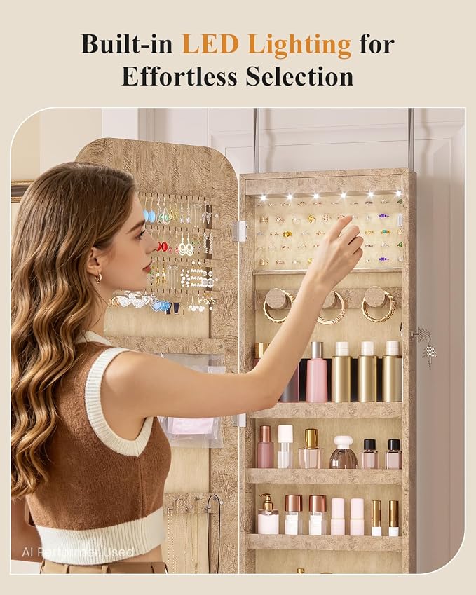 LVSOMT 6 LEDs Mirror Jewelry Cabinet Door Hanging, 42.5", Lockable, Brown | Jewelry Organizer with Full Length Mirror, Wall Mounted Large Jewelry Storage for Earrings, Rings, Necklaces