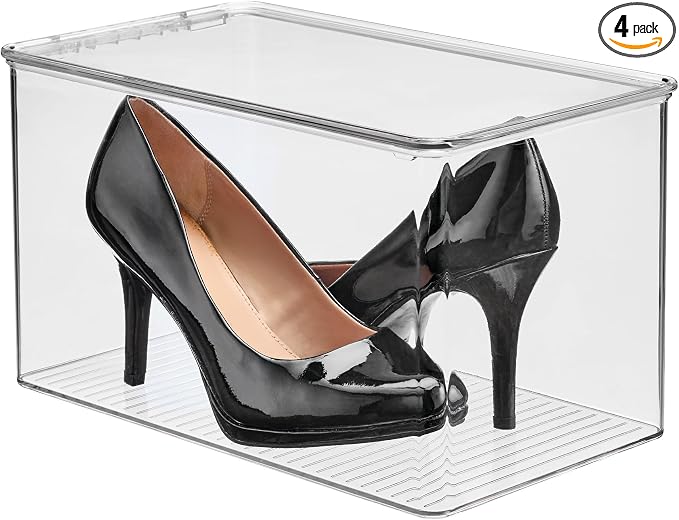 iDesign Stackable Clear Plastic Shoe Boxes with Lids, 4-Pack | Storage Shoe Container, For Closet