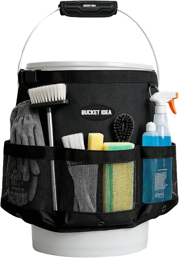 MELOTOUGH Bucket Tool Organizer Fits 5 Gallon Water-Resistant Mesh Pockets | Water Resistant, Multiple Compartments Pockets, Hold Large Brushes & Garden Tools, Fits 3.5-5 Gal Buckets, Easy to Carry