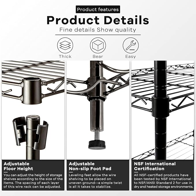 HCY 4-Tier Wire Shelving Unit Storage Shelves Shelf Organizer 54"x36"x14" Heavy Duty Metal Storage Rack NSF Height Adjustable for Laundry Bathroom Kitchen Garage Pantry Organization(Black)