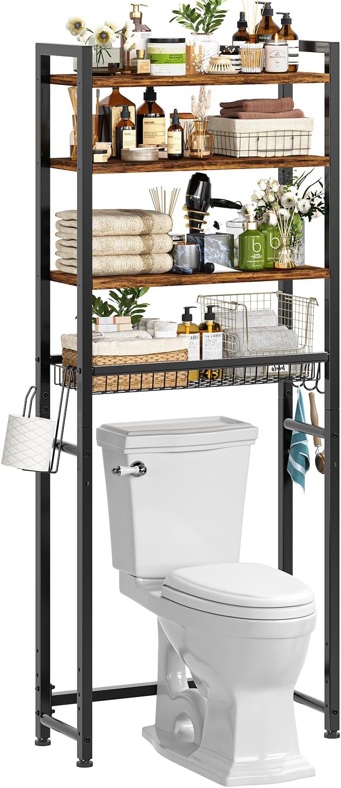 Ekisemio Over The Toilet Storage Rack, 4 Tier Over Toilet Shelf with Adjustable Feet, Freestanding Bathroom Organizer with Wooden Shelves, Hooks, Paper Holder, Vintage Brown