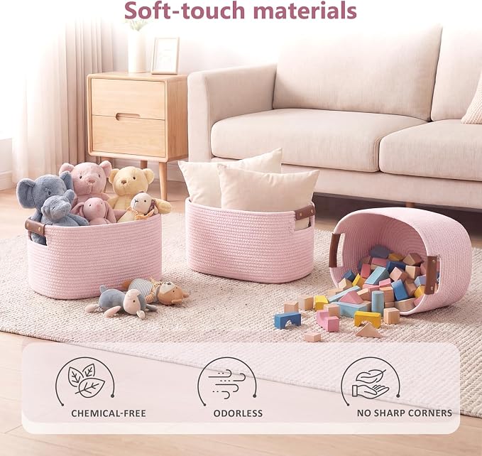 ECDYQXVU 15x10x9 Woven Cotton Rope Storage Basket, Leather Handles 1 Pack | Foldable Design, Sturdy PU Handles, Easy to Clean Organizer for Living Room, Closet, Shelves, Bedroom, Laundry, Clothes