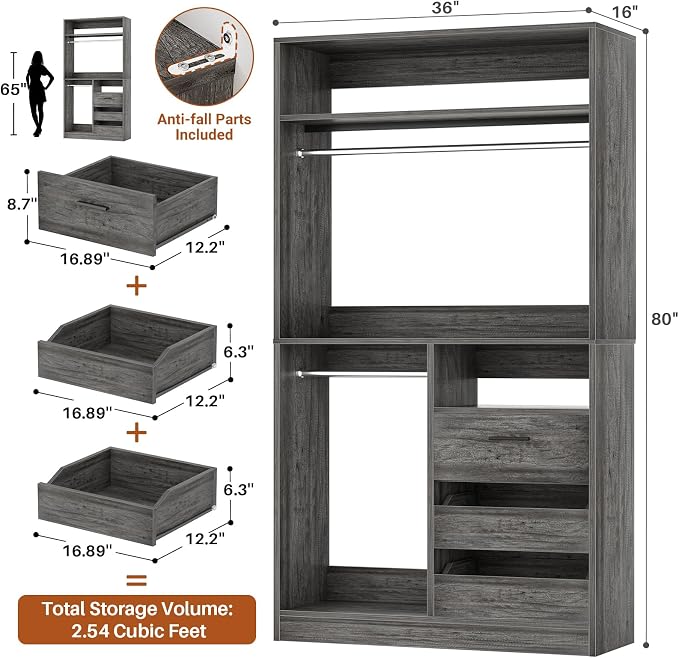 36 Inches Modular Closet Drawers System with Long Hanging Rods, 3FT Wood Closet Organiser with 3 Drawers, Walk-in Freestanding Wardrobe Storage Cabinet with 4 Shelves, Oak (36"L x 15" W x 80" H)