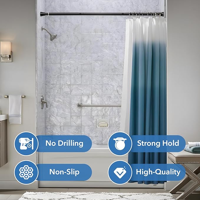 2 Pack Black Shower Curtain Rod - Adjustable 45-77 inch Tension Curtain Rod, Spring loaded Curtain Rod for Bathroom Window