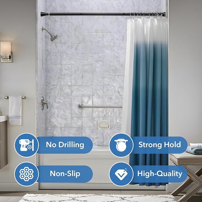 Black Tension Curtain Rod 45-77 inch, Adjustable Curtain Rod No Drill Tension Rod, Spring Tension Shower Curtain Rod for Bathroom Window Closet