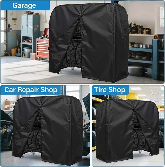 Tire Storage Rack 57" x 55.1" x 20" w/Anti-dust Cover | Adjustable Rolling Tire Rack for Garage Black w/4 Swivel Casters & 2 Storage Shelf for Garage Storage