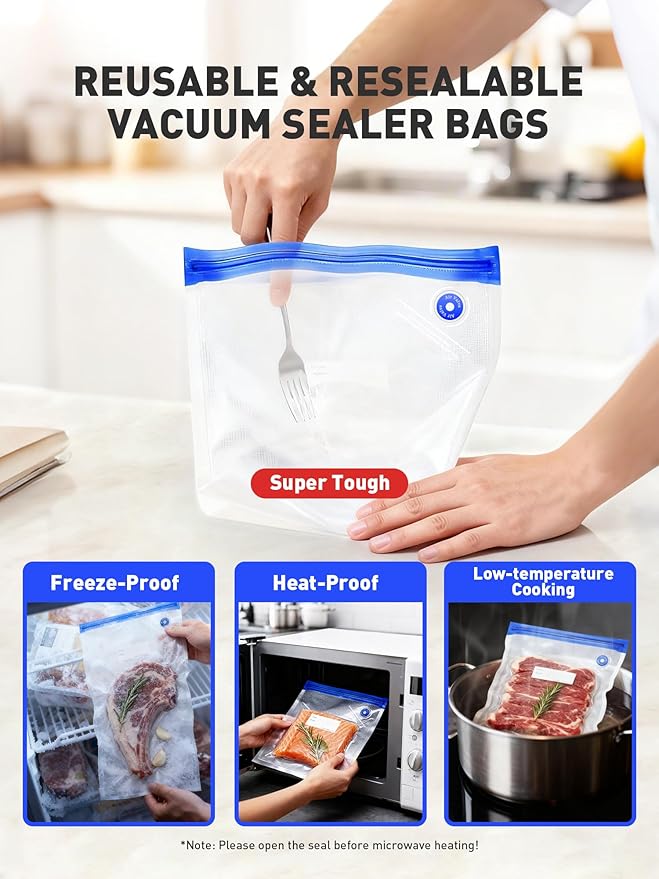 30 Pcs Reusable Vacuum Sealer Bags for Food, L-Size (10 x 13in) BPA-Free Vacuum Storage Bags with Sealing Clips & Leak-Proof Design for Sous Vide Cooking, Freezer, Microwave Heating