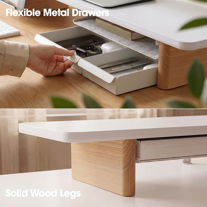 Fenge 42.5" Monitor Stand with Storage Drawers, Minimalist Monitor Riser with Solid Ash Legs and Cable Management, Wooden Desk Shelf for Home Office Workspaces, White