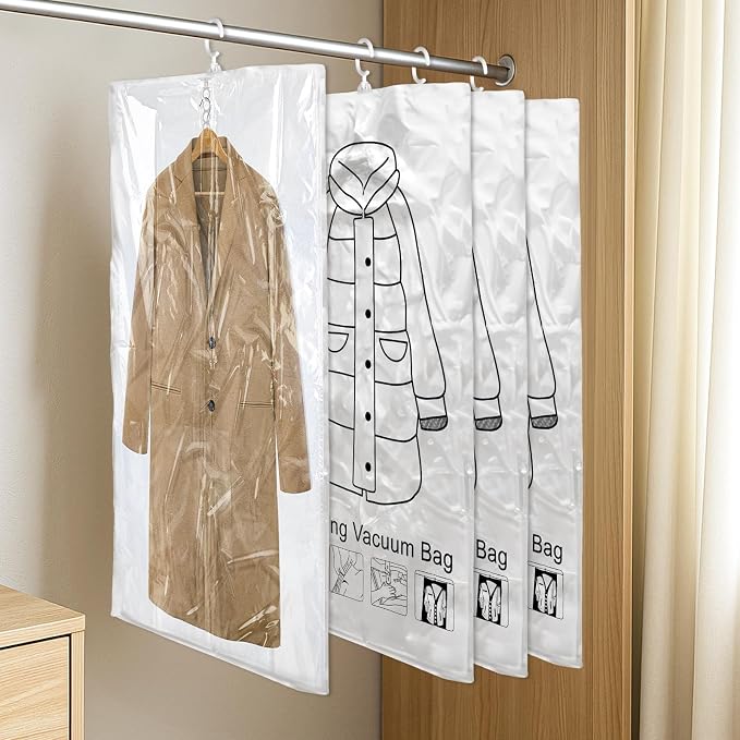 Ptwola 8 Pack Hanging Vacuum Sealer Storage Bags Reusable Space Saver Compressed Bags Closet Organizer Moving Travel Supplies for Clothes Coats Suits Dress Jackets Bedding Comforters Blankets