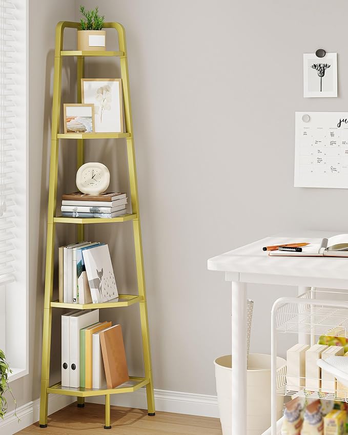 CHOEZON 5-Tier Corner Shelf, 59.6” Corner Storage Stand, Floorstanding Dispaly Rack, Tempered Glass Corner Bookshelf, Open Plant Stand, for Living Room, Bedroom, Study, Bathroom, Gold TCJ21GJ