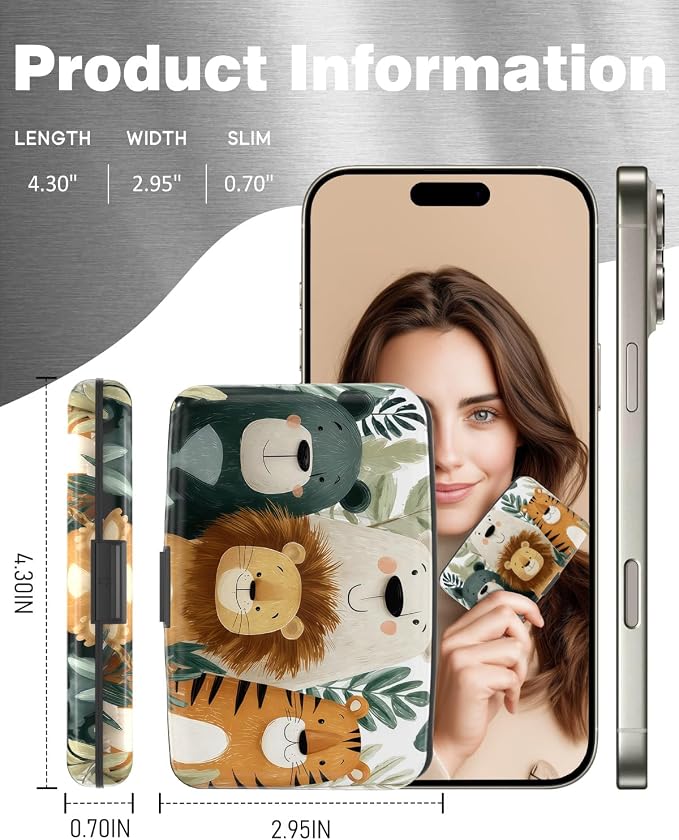 Maicican Credit Card Holder, Mini RFID Blocking Aluminum Wallet | Slim Metal Hard Case Travel Wallet ID Case for Women and Men, 4.3 x 2.9 Inches, Smiling Animals