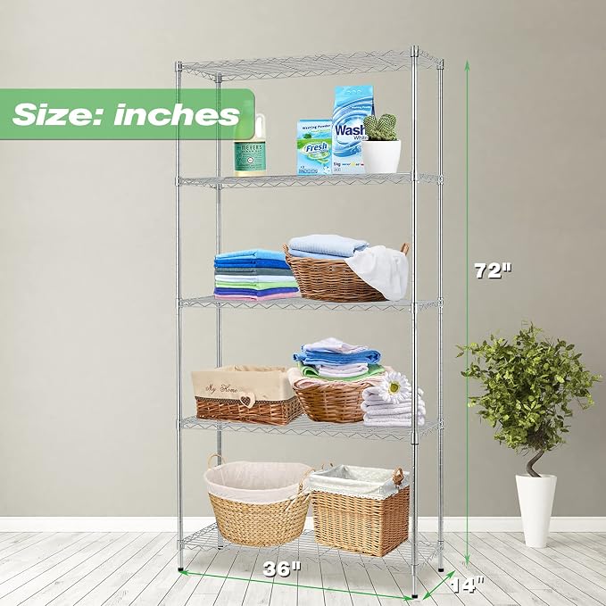 HCY Heavy Duty 5-Tier Storage Shelf - Adjustable Metal Rack for Laundry, Bathroom, Kitchen, Garage & Pantry Organization - 14"x36"x72" (Chrome)