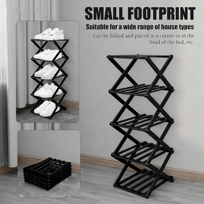 Vertical Black Shoe Rack Small, 5 Tier Portable Folding Shoe Storage Rack, Without Installation Free Standing Shoe Rack for Corridors, Bedrooms Living Room Corner and Small Spaces