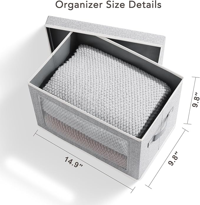 Homsorout Storage Box with Lids - 5 Pack Foldable Clear Window Storage Bins, Large Decorative Storage Bins with Handles, Storage Containers for Clothes, Towel, Blanket, Sheet, Light Grey