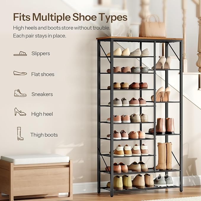 HOOBRO 10 Tier Shoe Rack for Entryway, Large Capacity Tall Shoe Storage | 27.6" L Shoe Shelf, Storage Organizer with Metal Plates, Sturdy and Stable, for Bedroom, Hallway, Closet Rustic Brown