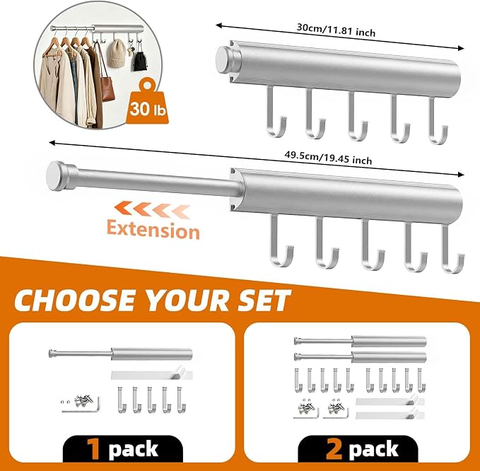 12 Inch Valet Rod for Closet Pull Out Heavy Duty Hidden Closet Valet Rod with 5 Hooks Retractable Slide Out Wardrobe Organizer Aluminum Valet Bar Silver 1 Pack