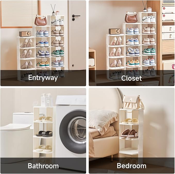 UFORU Vertical Shoe Rack, 6 Tiers Stackable Shoe Rack for Closet, Tall Standing Shoe Organizer, Small Shoe Shelf for Narrow Places Durable Plastic Construction (White)