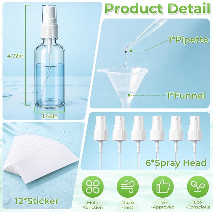 JTIEO 6 Pack 2oz(50ml) Small Glass Spray Bottle, Mini Travel Size, Clear Fine Mist Refillable Bottle for Essential Oils, Perfume, Face, with Funnel, Pipette, 6 Spray Heads and 12 Waterproof Labels.