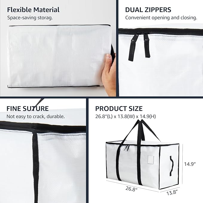 Moving Bags Heavy Duty Extra Large, Moving Boxes, Moving Supplies Essentials, Blue Storage Bins with Lids, Plastic Packing Totes, Storage Bags for Clothes with Handles & Zippers(White, 4 Pack)