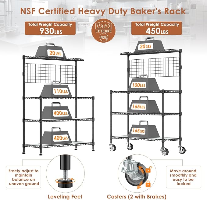 Bakers Rack with Storage & Wheels, 42In Microwave Stand Kitchen Shelves | 4-Tier Heavy Duty Storage Rack with 20 S-Hooks, Commercial Metal Utility Kitchen Cart, 42× 18× 63 Inch, Black