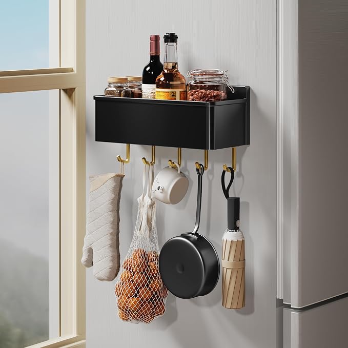 Magnetic Spice Rack for Refrigerator Large Magnet Shelf for Fridge Kitchen Organizer and Storage with 5 Removable Golden Hooks