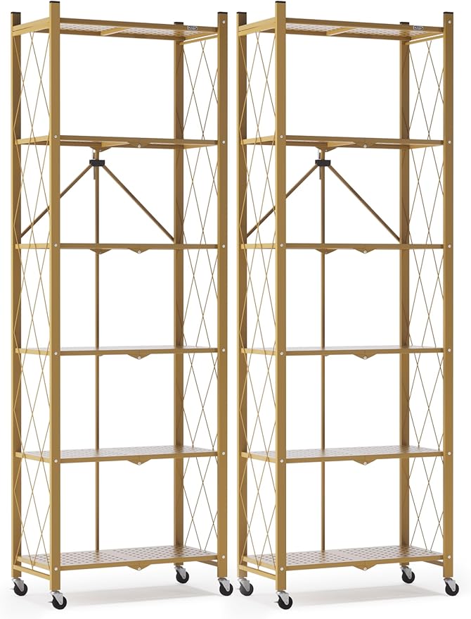 ALANNG 73.6 Inch Folding Bookshelf, 6 Tier Metal Bookcase and Bookshelves | Tall Shelves for Living Room Office Bedroom, Heavy Duty Book Shelve Free Standing Open (Gold, 2PACK)