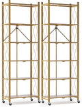 ALANNG 73.6 Inch Folding Bookshelf, 6 Tier Metal Bookcase and Bookshelves | Tall Shelves for Living Room Office Bedroom, Heavy Duty Book Shelve Free Standing Open (Gold, 2PACK)