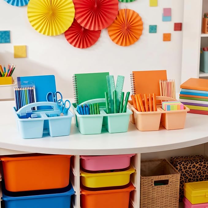 Kathfly 18 Pack Classroom Caddy Organizer with Handle, Plastic Art Craft Cleaning Caddy Bulk, Small Multipurpose Supply Organization Storage Basket for Table Desk Office Pencil Teacher (Mixed Color 2)