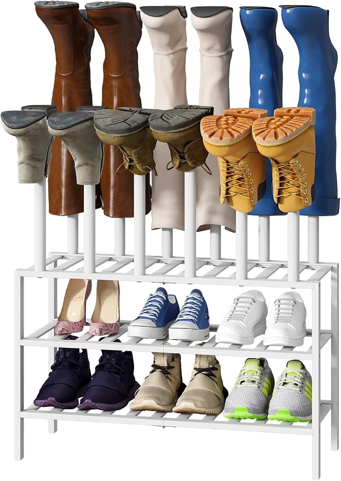 viewcare White Boot Rack, Boot Rack Organizer Tall Boots with Shoe Rack for Closet, Bamboo Wood Shoe Shelf Storage Organizer for Entryway