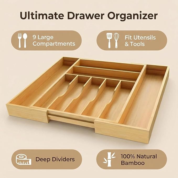 Expandable Bamboo Silverware Drawer Organizer - 20" Extra Wide Cutlery Tray with 9 Deep Compartments - 17.3" Length Large Utensil Holder & Kitchen Drawer Divider (Natural)