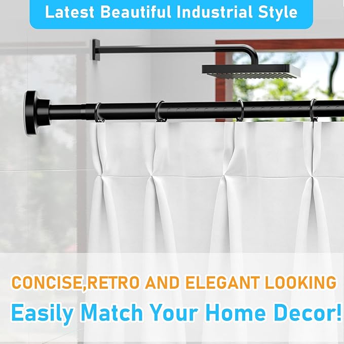 MEXAU Black Tension Curtain Rod 40-113 Inch Long Tension Rod 1.26" Spring Tension Curtain Rod Adjustable Curtain Rods No Drilling Tension Shower Rod Curtain Tension Rod for Bathroom Windows Doorways