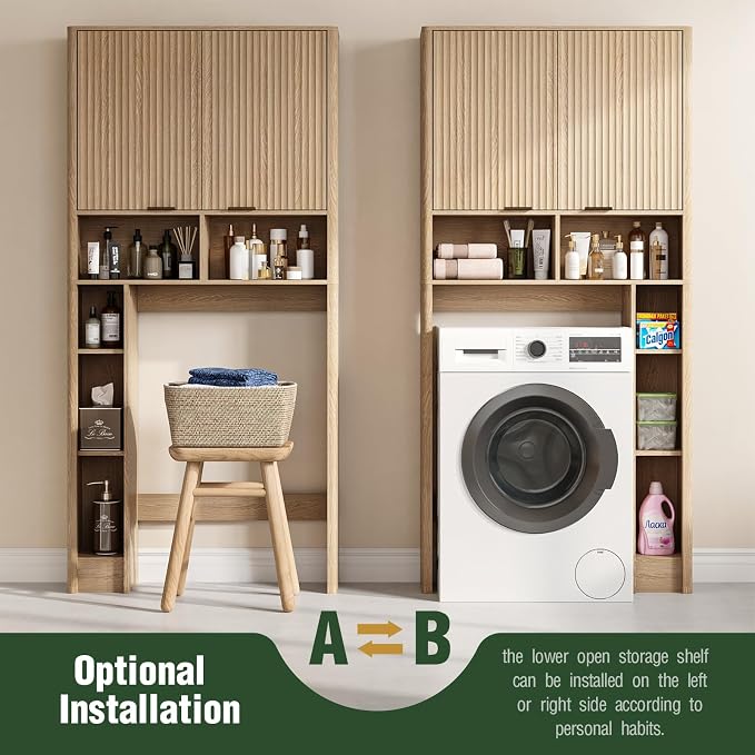 AKMAKM 31''W Over the Toilet Storage Cabinet with Fluted Door, Oak Bathroom Organizer with Adjustable Shelf, 67''H Tall Natural Toilet Paper Holder Stand Wave Door for Restroom, Laundry Room