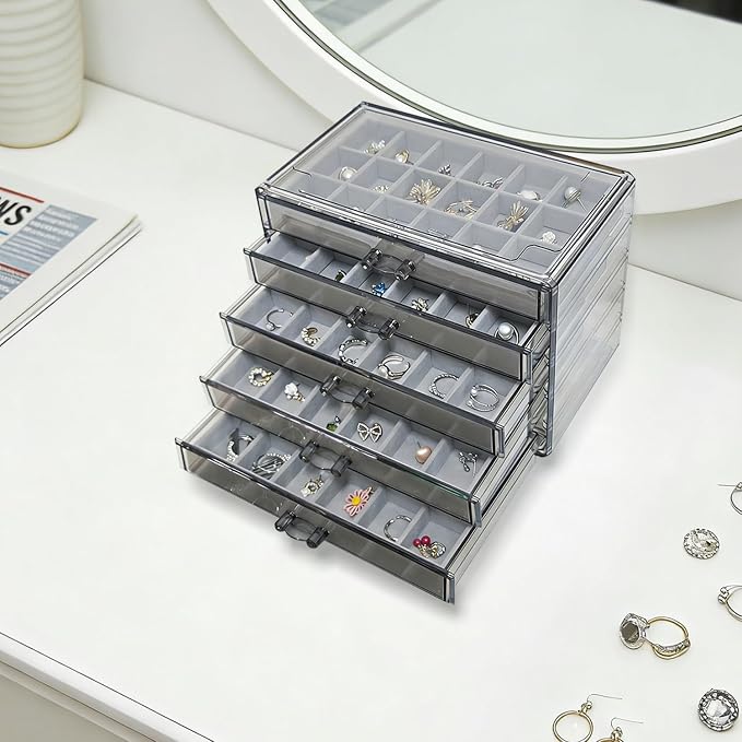Acrylic Earring Holder Organizer with 5 Drawers Clear Earring Organizer Box with 90 Adjustable Grids Velvet Earring Display Case Jewelry Organizer for Earrings Rings Studs (Brown Gray)
