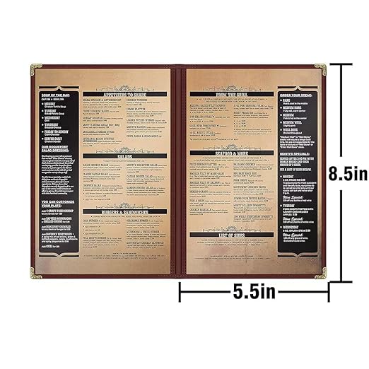 Goodsmart Restaurant Menu Covers – 25 Pack Burgundy 4-View, Side-Loading Menu Holders, Vinyl & Plastic Café Menu Covers, Clear Menu Sleeves, Fits 5.5" x 8.5", Leather-Style Design, Gold Corners
