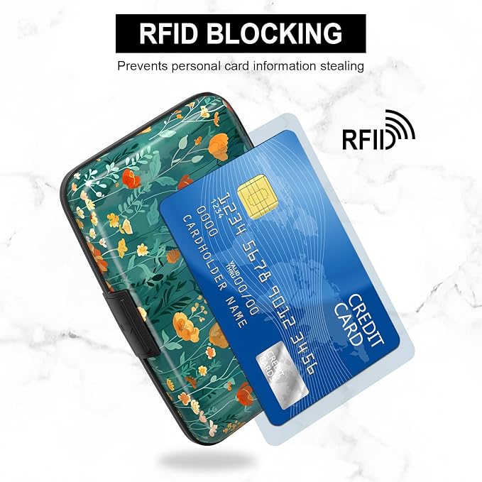 Card Holder Credit Cards Holder for Women RFID wallet women Business Card Holder Wallet Mini Aluminum Card Wallet RFID Blocking Slim Metal Hard Card for Women, Flowers and Plants