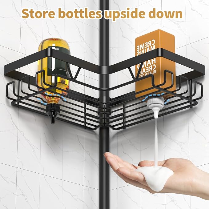 DAOYA Adjustable Tension Pole Shower Caddy, 5-Tier Stainless Steel Shower Shelf Organizer with 2 Movable Toothbrush Holders, 25-115 Inches Extendable Bath Tub Conner Storage Shelf for Family, Black