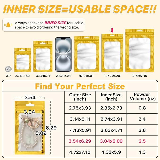 100 PCS Resealable Mylar Bags with Zipper and Frosted Clear Window Smell Proof Packaging Bags Foil Pouch Zipper Bag for Food Self Sealing Storage Supplies (Golden, 3.54x6.29)
