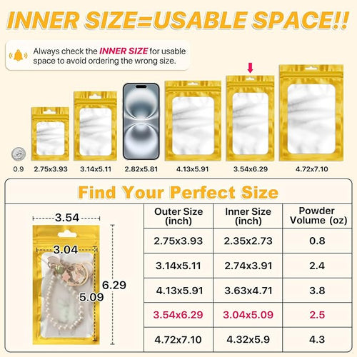 100 PCS Resealable Mylar Bags with Zipper and Frosted Clear Window Smell Proof Packaging Bags Foil Pouch Zipper Bag for Food Self Sealing Storage Supplies (Golden, 3.54x6.29)