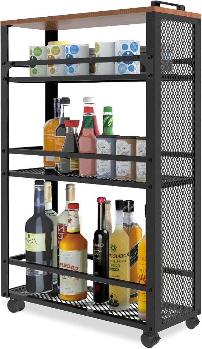 2026 New, Slim Kitchen Storage Cart, 3-Tier Metal Rolling Utility Cart Mesh Basket, Multifunction Wire Basket Shelf Trolley for Home Laundry, Bathroom, Living Room, Black