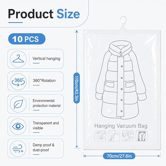 10 Pack Hanging Vacuum Sealer Storage Bags | 43.3 x 27.6 inch Space Saver Bag, Reusable Large Transparent Vacuum Seal Bags, for Clothes, Suits, Coats or Jackets, Clear